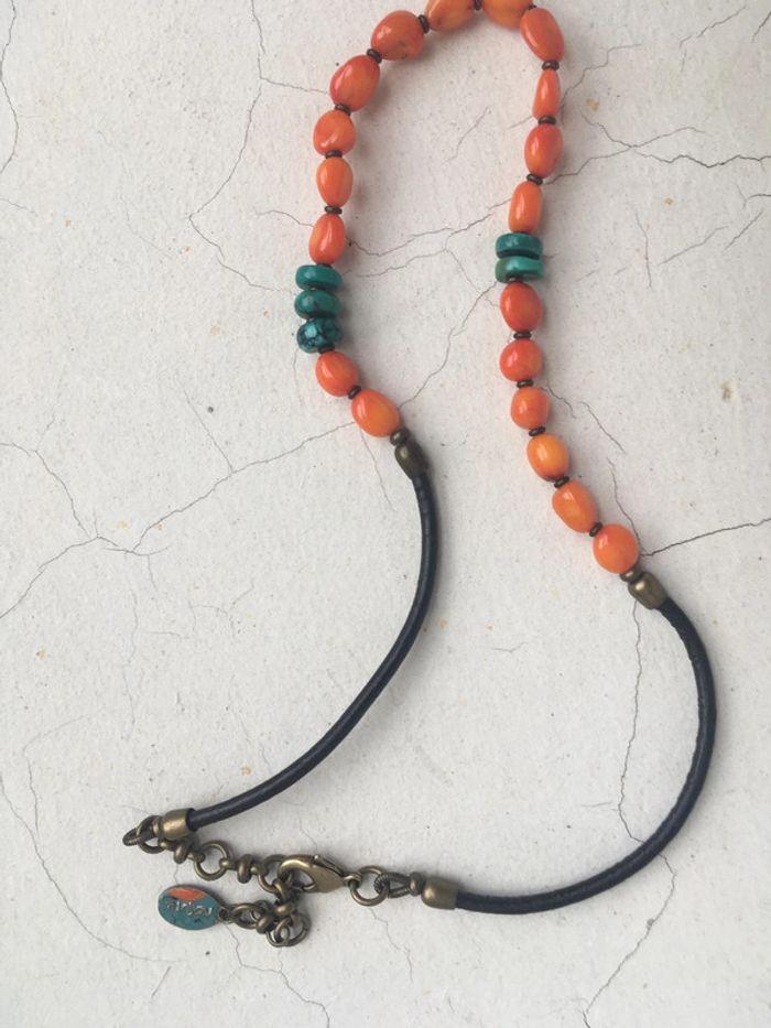 Collier en cuir, corail et turquoise - photo numéro 2