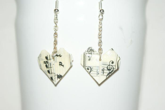 Boucles d'oreilles en forme de coeur Papier partitions notes de musique Origami - photo numéro 3