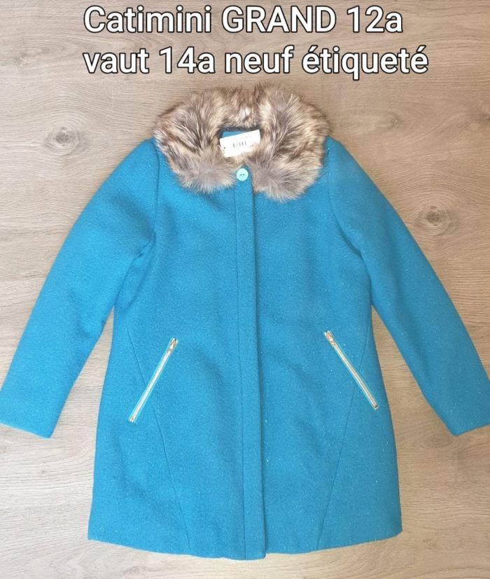 Manteau col fourrure bleu turquoise Catimini grand 12 ans neuf étiqueté - photo numéro 1