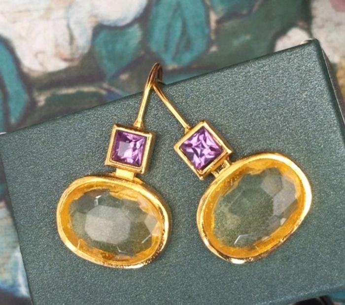 Mignonne boucles d'oreilles de cristal améthyste et ambre - photo numéro 1