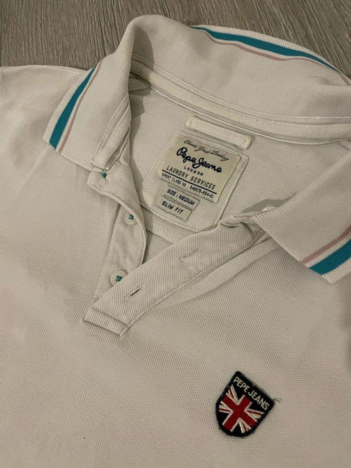 Polo à manches courtes blanc petite rayure turquoise coupe slim fit pepe jeans taille M - photo numéro 2