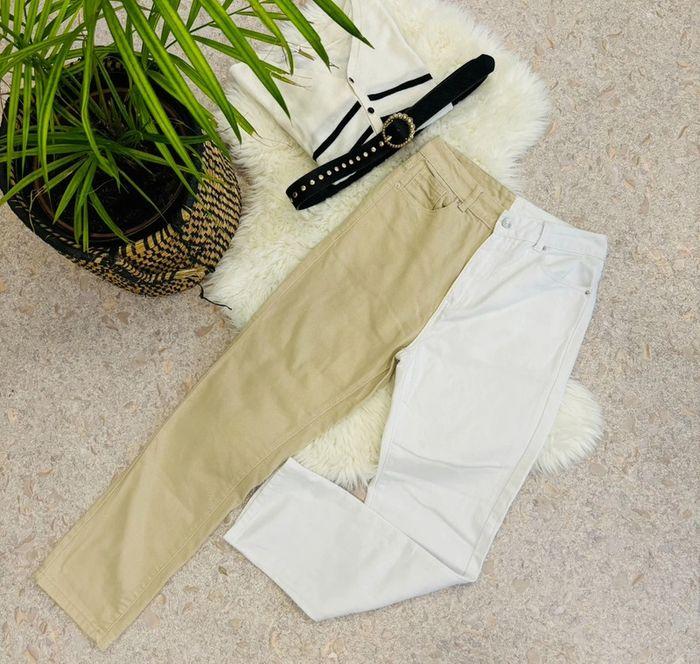 Pantalon original femme S bicolore droit jean beige blanc - photo numéro 1