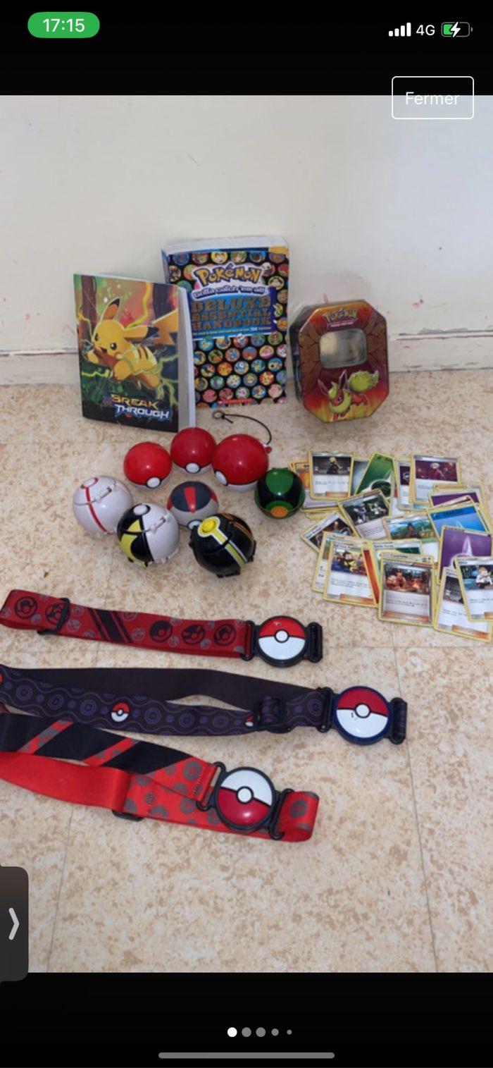 3 ceintures+ 1 carnet rangement cartes+8 poke ball +1 livre+ 50 cartes+ boîte en métal Pokemon - photo numéro 1