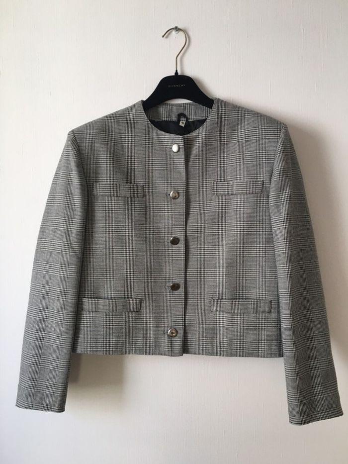 Veste blazer sans col vintage motif prince de galle noir et blanc - photo numéro 6