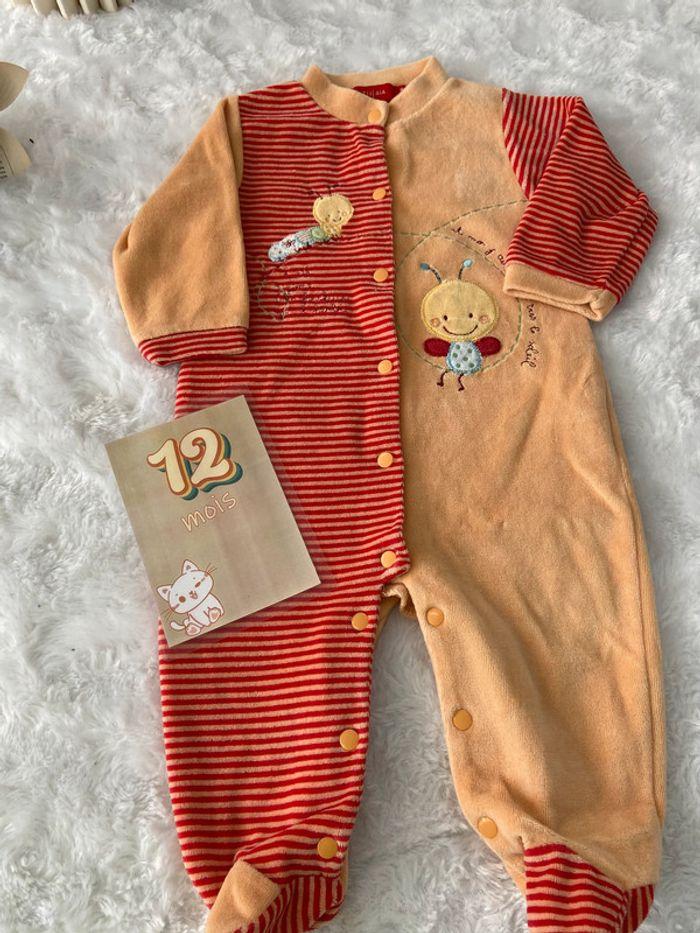 Pyjama grenouillere dors-bien velours Tissaia rouge orange abricot neuf 12 mois 1 an - photo numéro 1