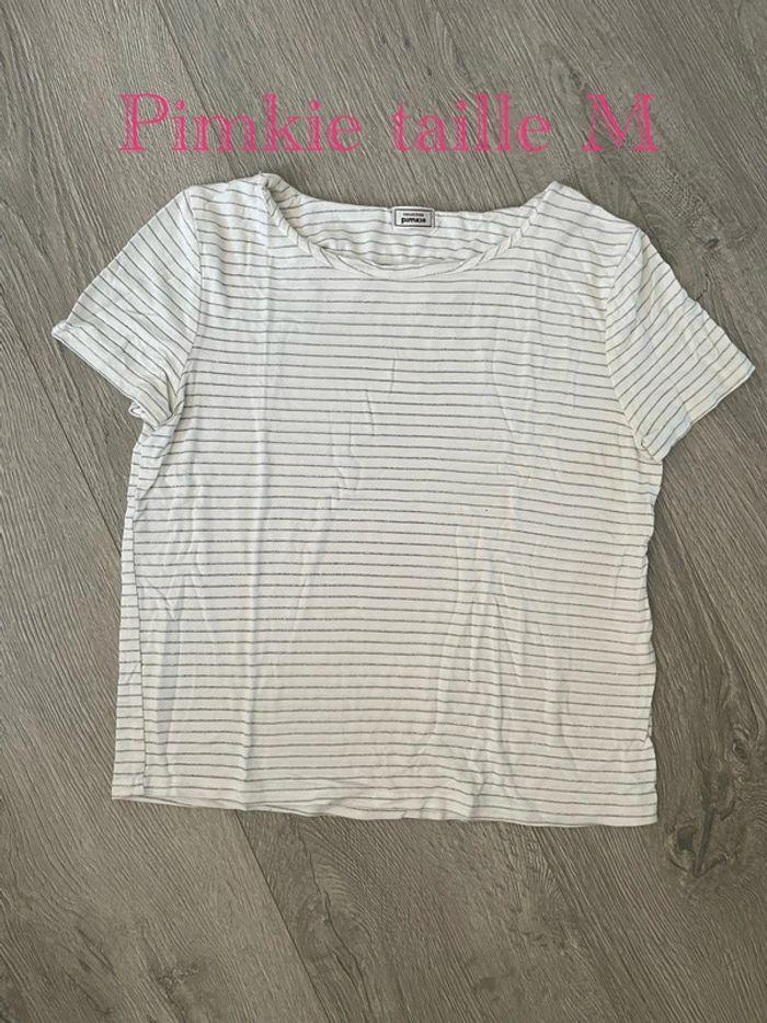 T-Shirt col rond blanc rayé gris argenté pimkie taille M - photo numéro 1