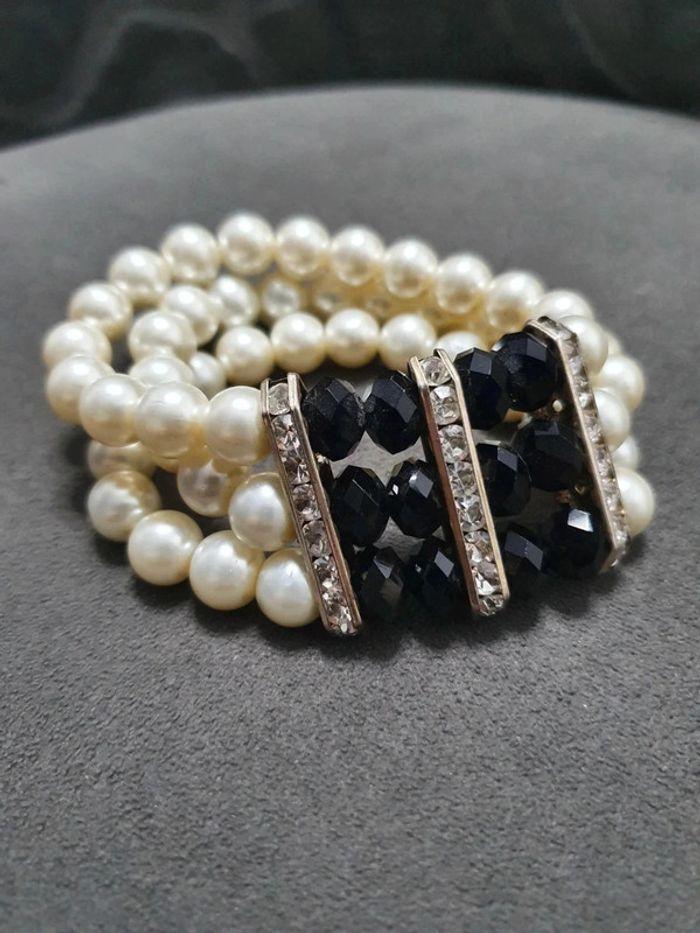 🌻 Bracelet perles noire blanche et strass - photo numéro 2