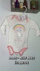 Body bodies manches longue bébé fille 6 mois / rose  - miss bunny panpan disney neuf étiquette