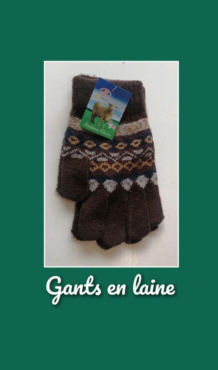 Paire de gants en laine marron bleu marine Taille unique - photo numéro 1