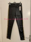 Pantalon legging noir satiné bande doré doublé polaire extensible neuf fashion design taille S/M