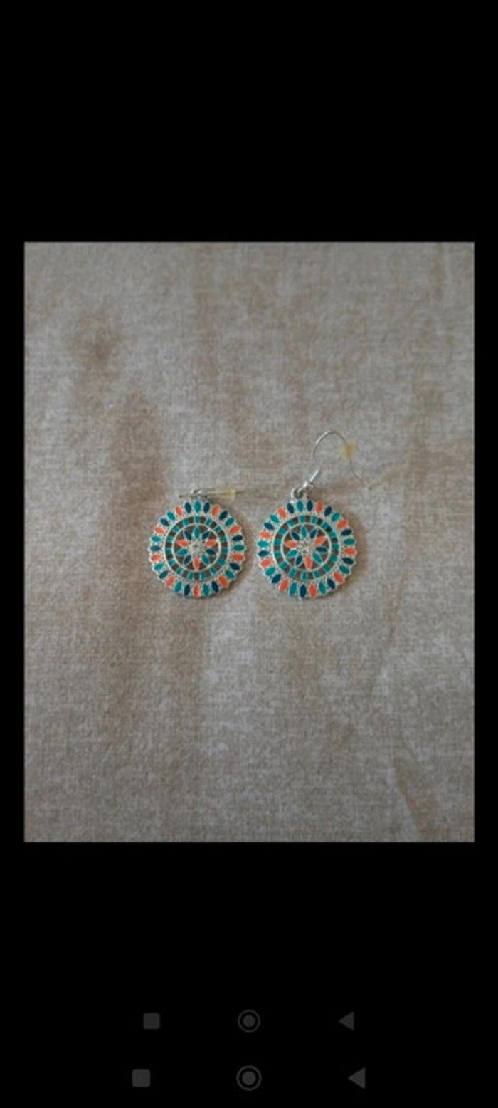 Boucles d'oreilles ronde à motifs de couleur orange/turquoise/bleu - photo numéro 1