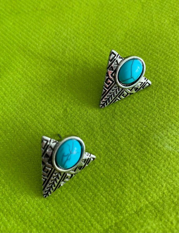 Belles boucles d’oreilles bleues turquoises triangle en alliage de zinc argenté - photo numéro 3