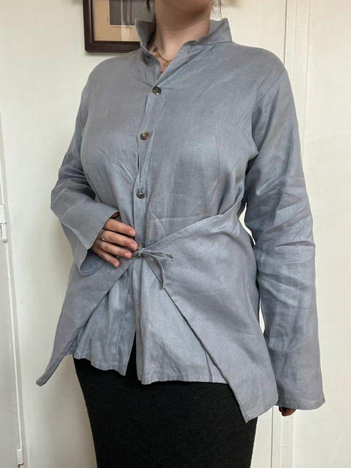 Chemise asymétrique de designer Sarah Pacini taille L en 100%lin bleu gris - photo numéro 3