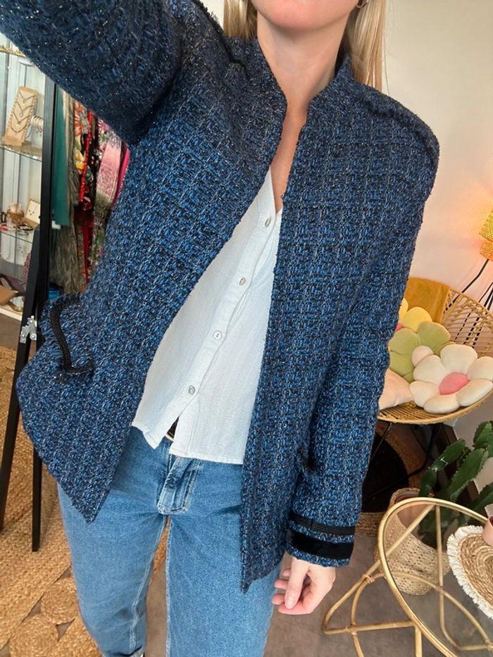 Veste chic Nafnaf en tweed bleu, taille 36 - photo numéro 3