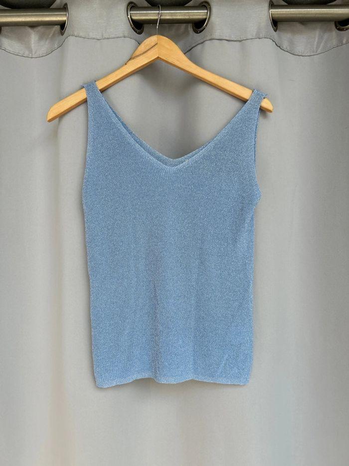 Top a bretelles bleu ciel fils argenté taille XL très bon état - photo numéro 1