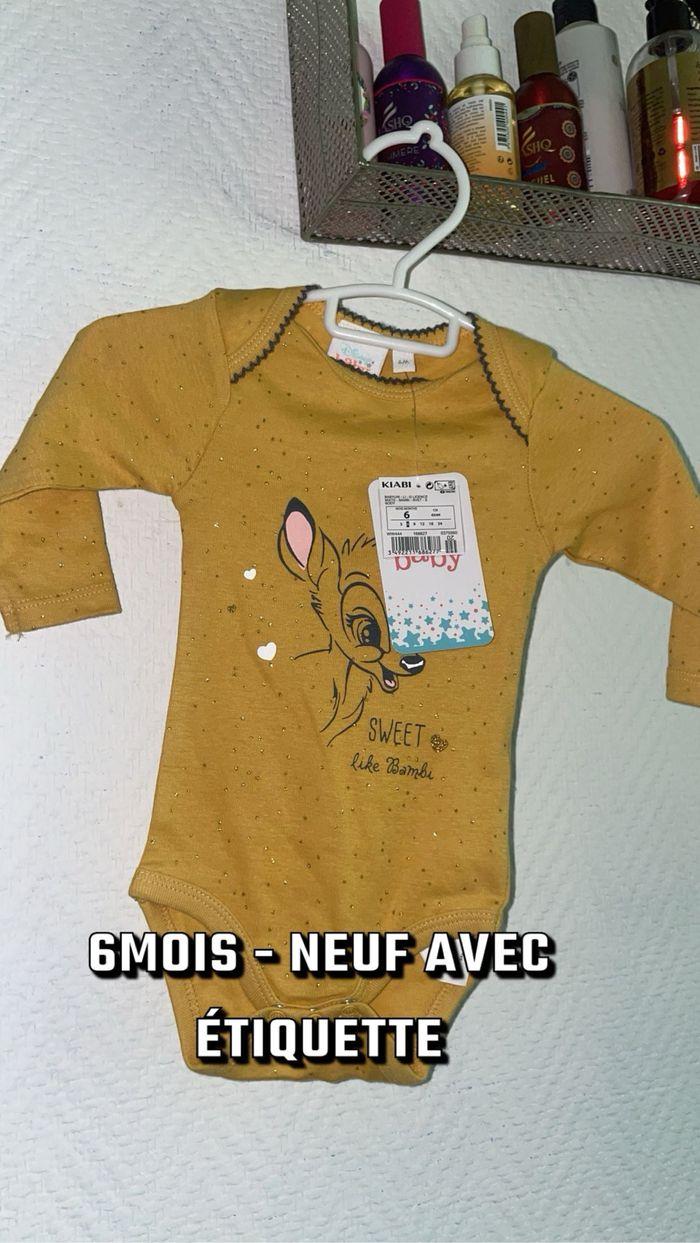 Body bodies manches longue  bébé fille 6 mois moutarde  bambi biche disney neuf étiquette - photo numéro 1