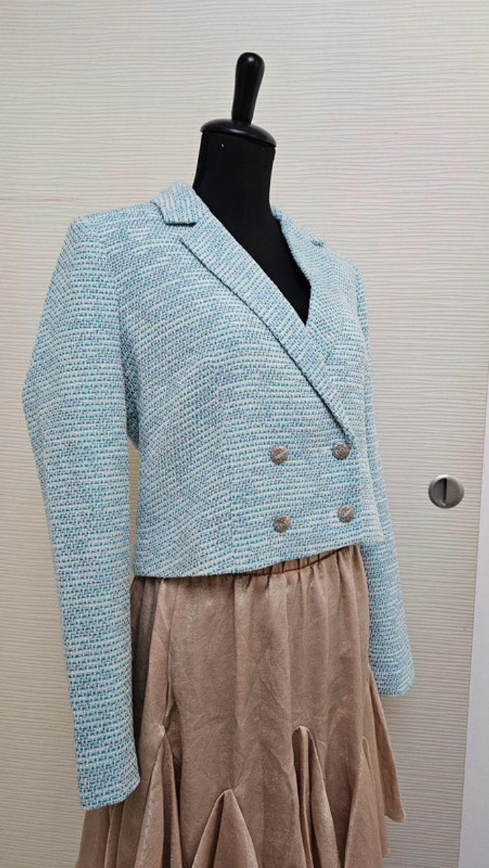 Veste tailleur blazer tweed bleue Nafnaf - photo numéro 3