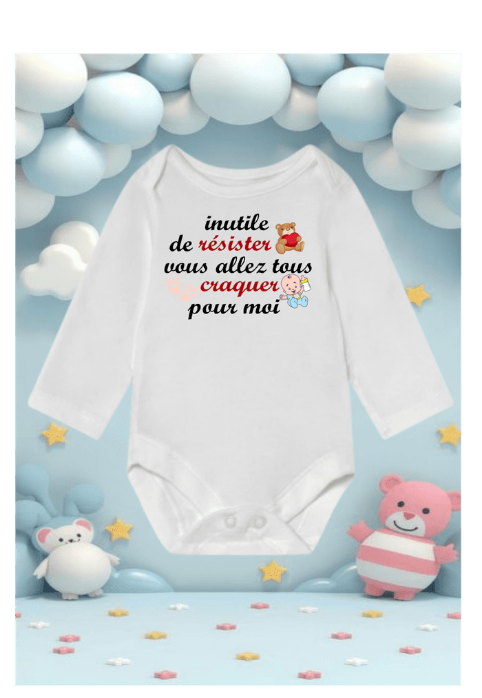 Body bébé message personnalisé manches longues  blanc :   "inutile de résister " - photo numéro 1