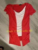 T-shirt à manches courtes blanc effet gilet corail intégré col rond made in Italy taille 40