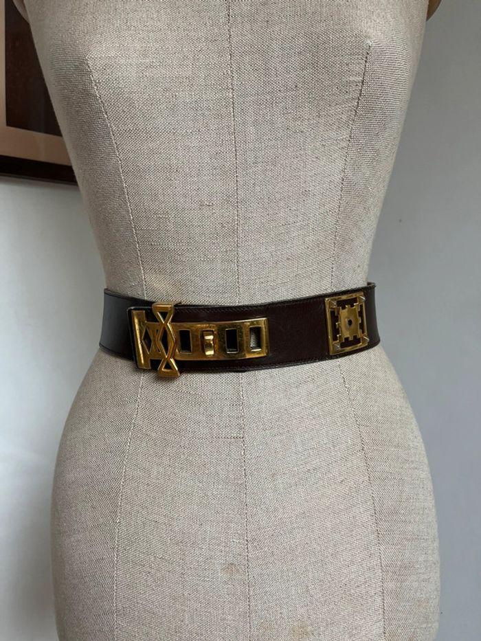 Ancienne ceinture Hermès Médor collier de chien en cuir marron et doré - photo numéro 1