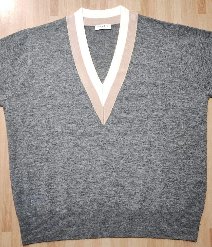 Pull col V sport chic gris chiné Laine Cachemire, T.L/40, Sandro - photo numéro 6