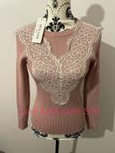 Pull rose manches longues col rond à dentelle blanc neuf love look taille S/M