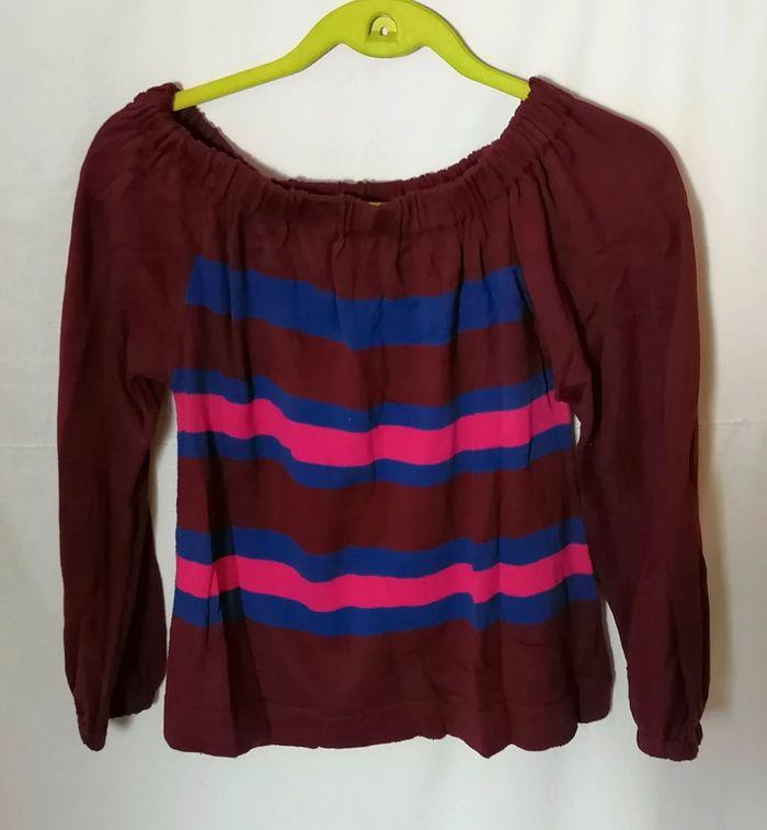 Pull épaules dénudées rayures bordeaux bleu rose taille 1 ou S Monoprix - photo numéro 7