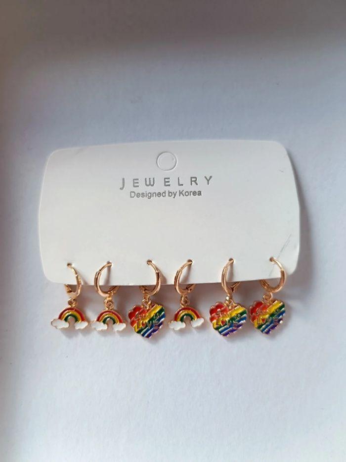 Ensemble boucles d'oreilles rainbow cœur nuage acier inoxydable - photo numéro 3