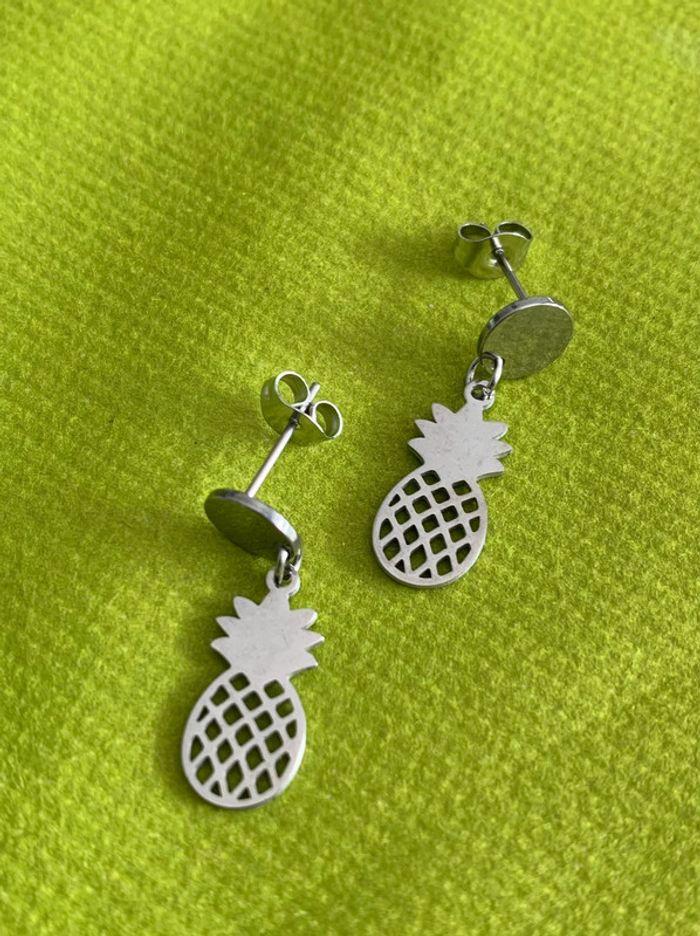 Jolies boucles d’oreilles pendantes ananas en acier inoxydable argenté - photo numéro 3