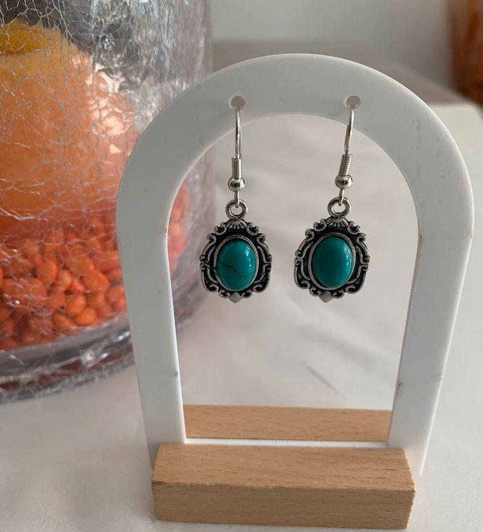 Boucles d’oreilles pendantes vintage bohème bleues turquoises en alliage argenté - photo numéro 8