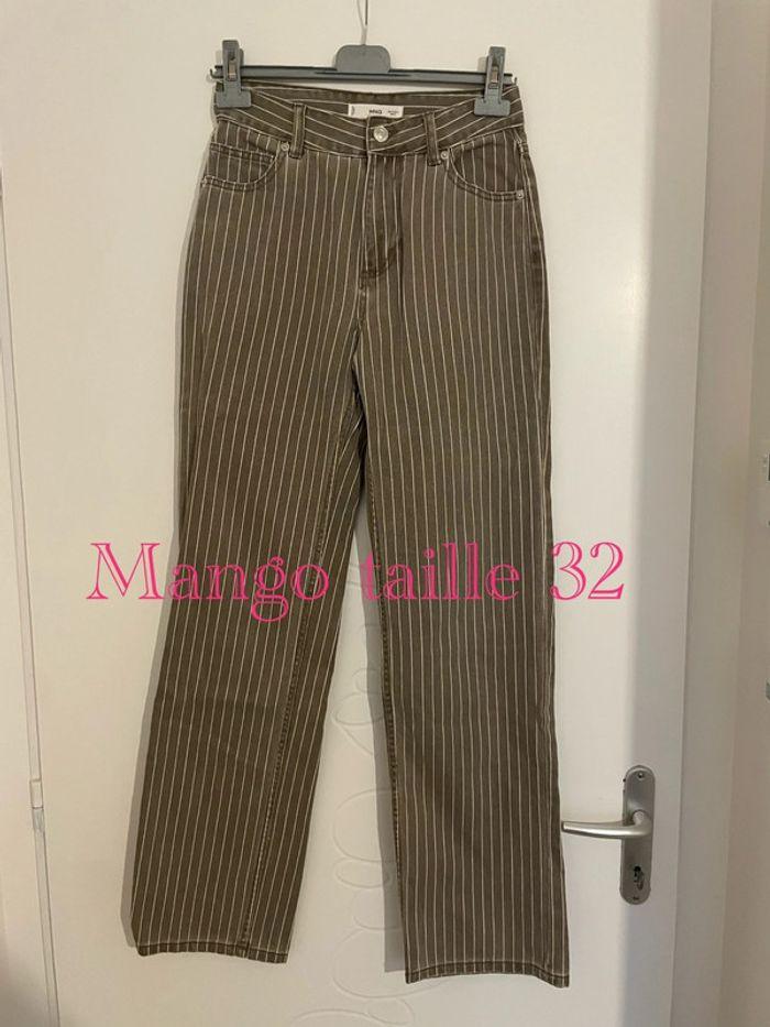 Jean taille haute coupe wide leg jambe large kaki rayé blanc mango taille 32 - photo numéro 1