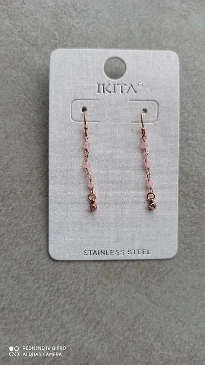 Boucles d'oreilles acier perles rose ikita - Longueur 4 cm - photo numéro 1