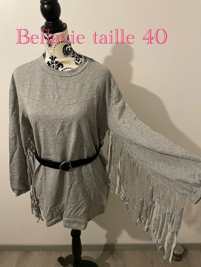 Pull Sweat long gris col rond frange aux manches western ceinture noir cœur neuf bellavie taille 40 - photo numéro 1