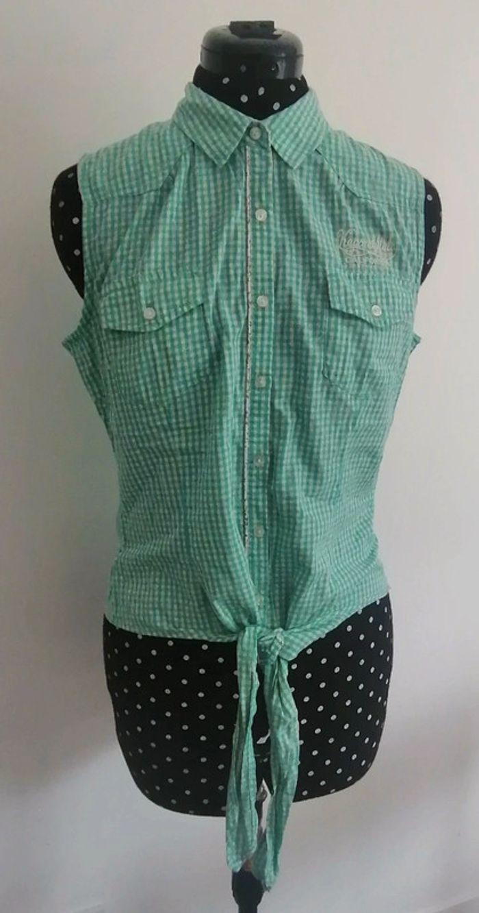 Top / chemise courte à noeuds vichy carreaux turquoise blanc Taille M Kaporal - photo numéro 2