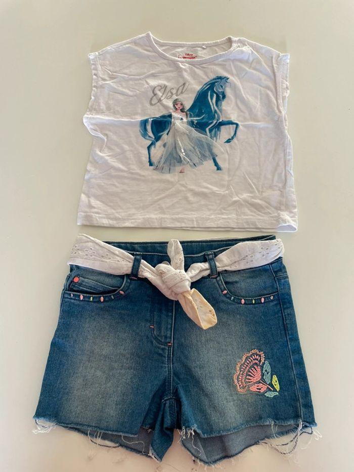 Ensemble tee shirts et shorts en jeans 8 ans fille - photo numéro 1