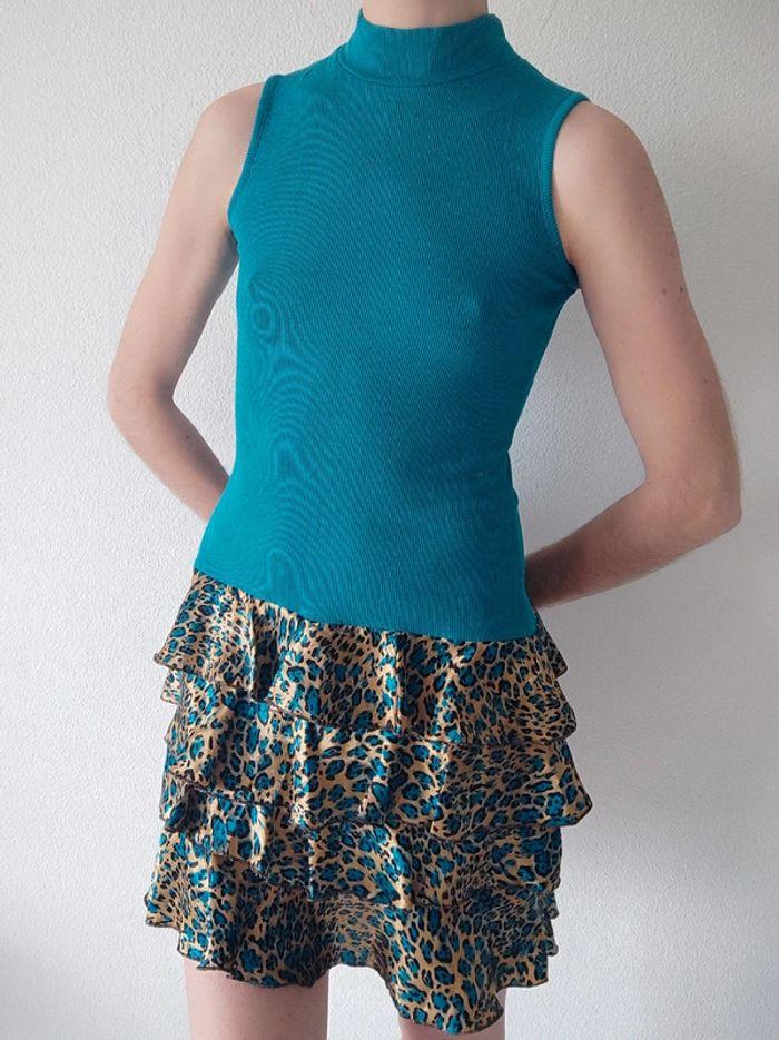 Mini robe moulante turquoise froufrou léopard y2k / Insolente Paris 🇨🇵 36/S à 38/M - photo numéro 1