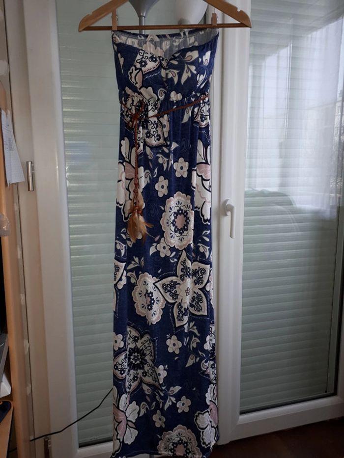 Robe longue sans bretelles bleu et fleurs rose 38/40 - photo numéro 2