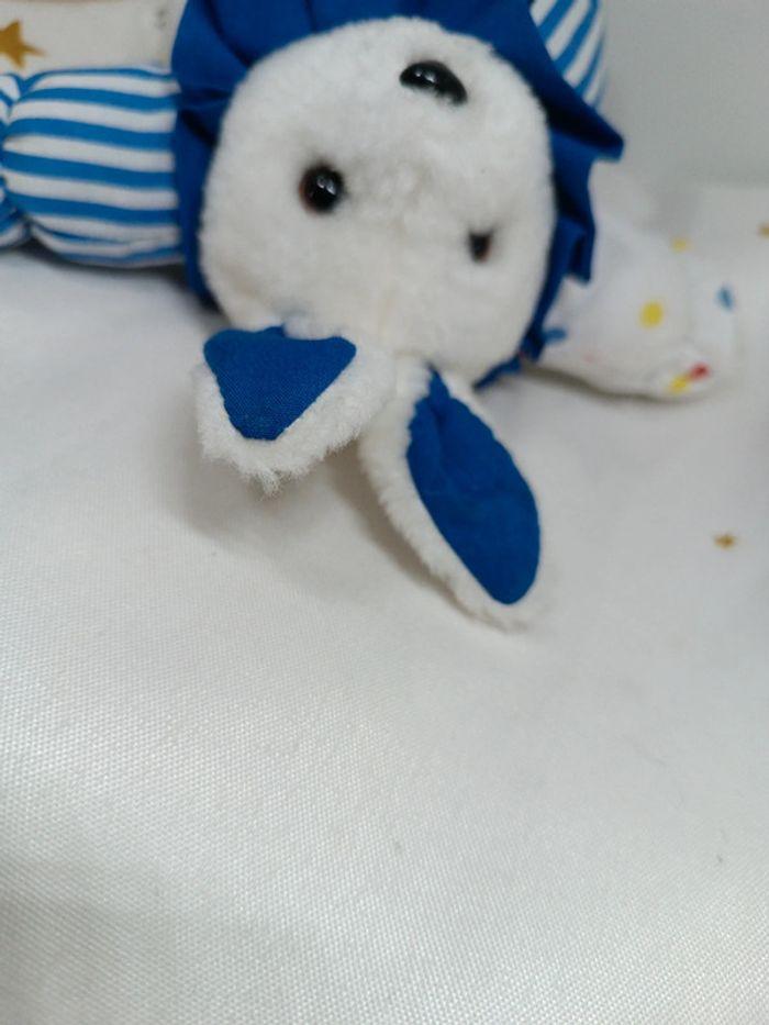 Peluche doudou lapin bunnies Bunny rabbit bleu blue blanc white rayure poids collerette berchet - photo numéro 12