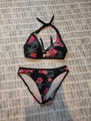 Maillot de bain 2 pièces noir et rose hibiscus et palmier tribord taille 38 M