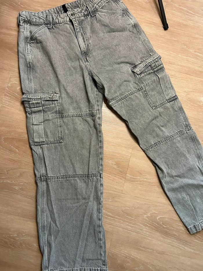 Pantalon jean cargo gris taille haute - photo numéro 1