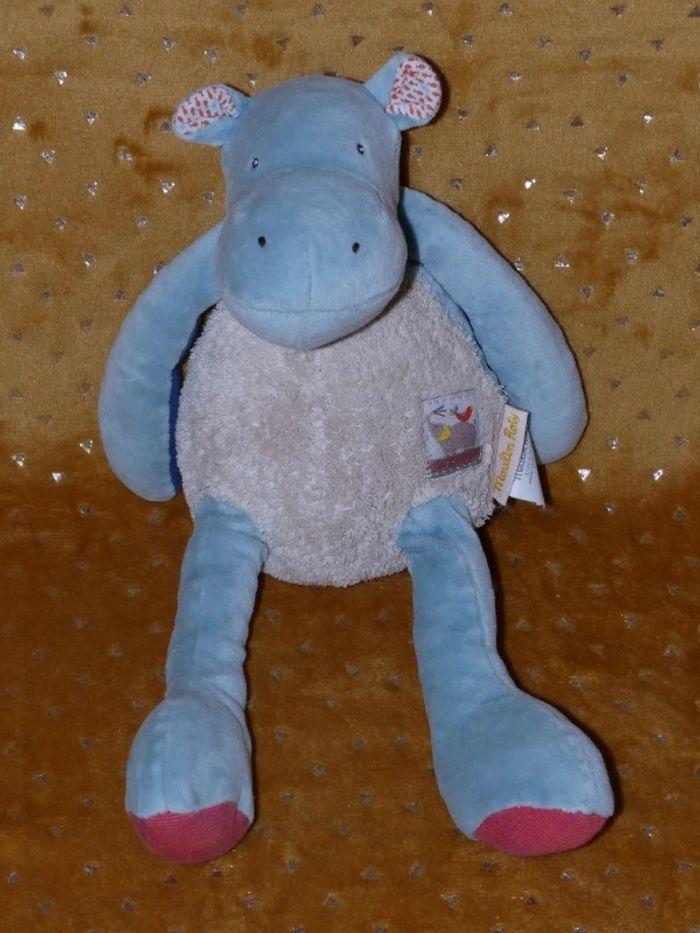 Doudou hippopotame bleu beige papoums Moulin roty 🦛tbe - photo numéro 1