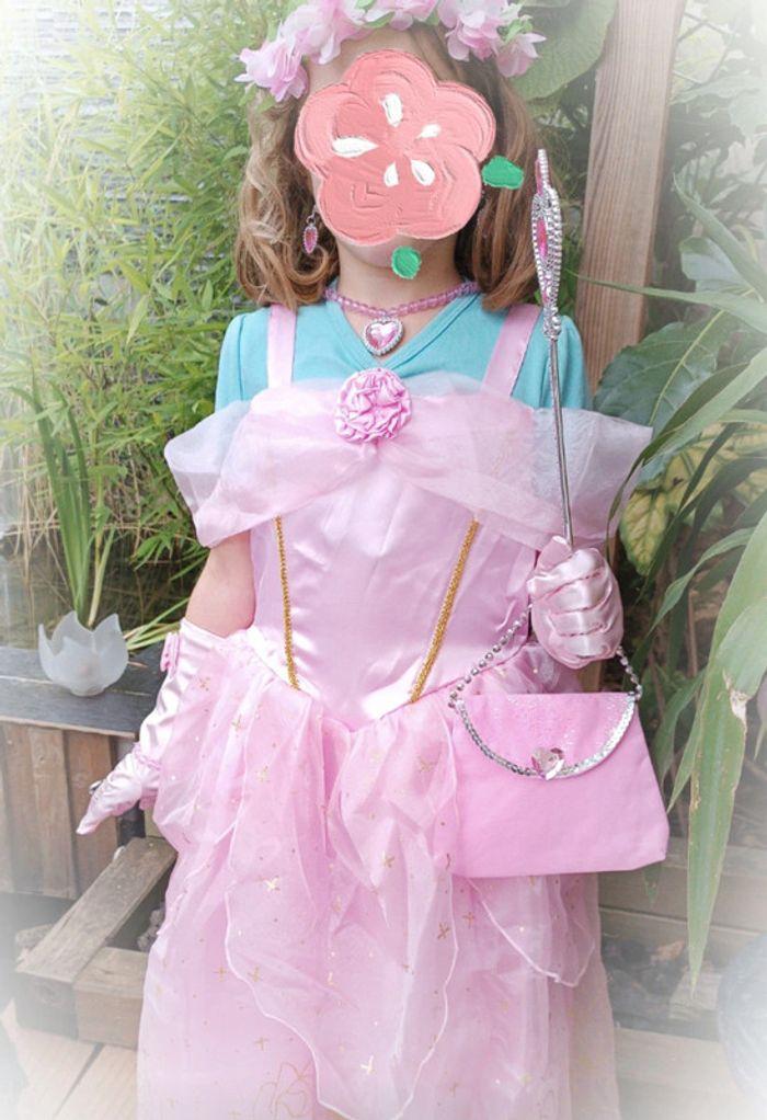 Robe princesse rose pink dress costume déguisement fleur flower belle Bijou baguette gant sac 10 140 - photo numéro 3