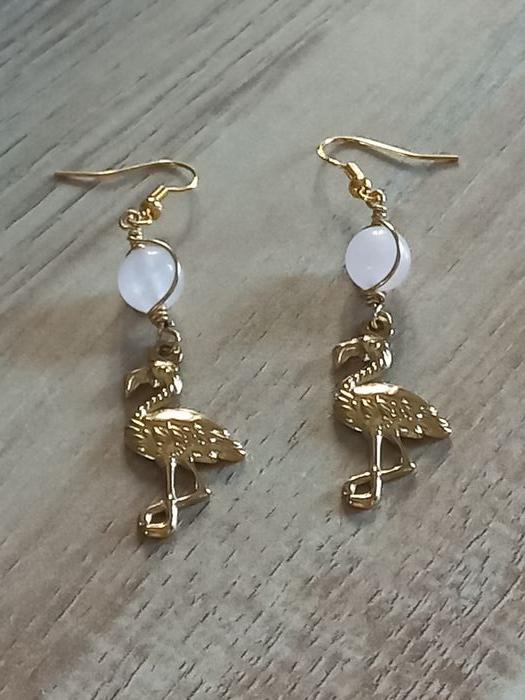 Boucles d'oreilles flamant rose et quartz - photo numéro 1