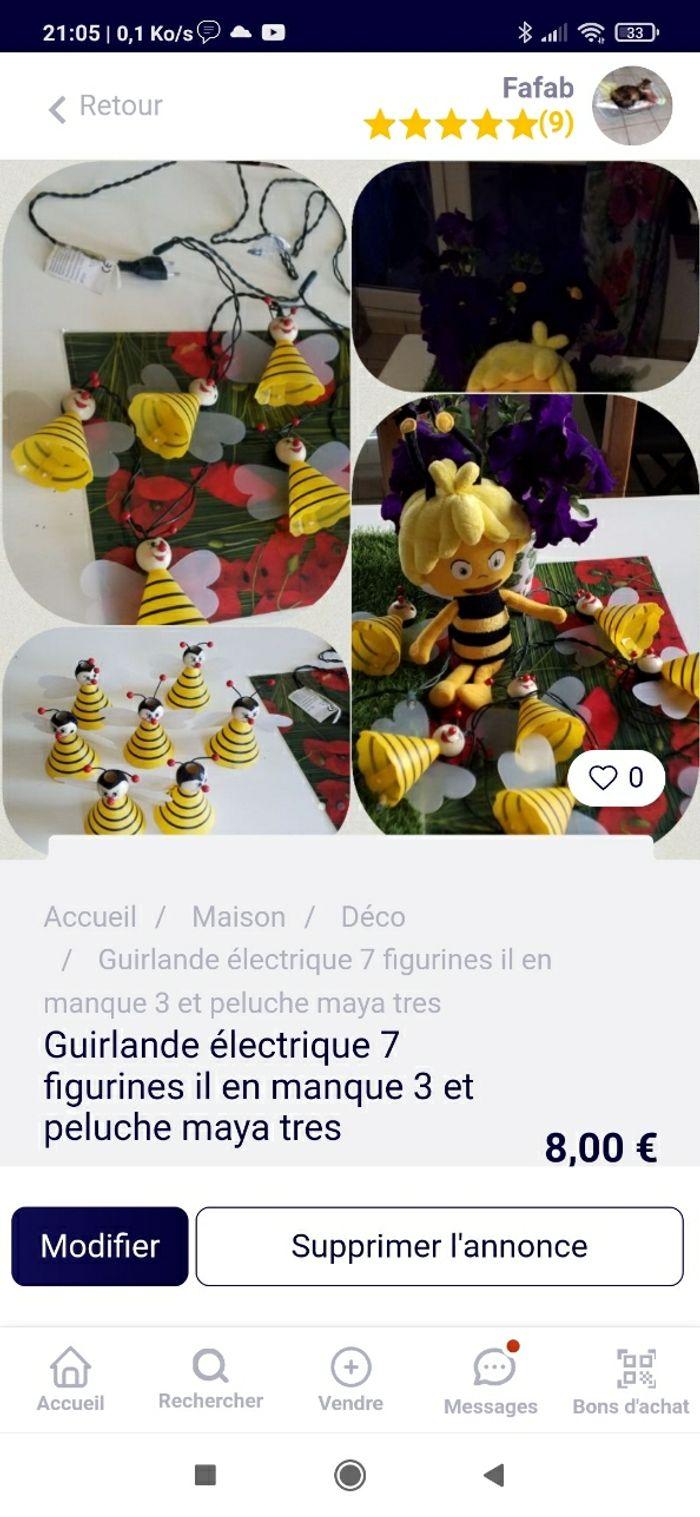 Guirlande  a led et peluche maya  l'abeille  très bon état