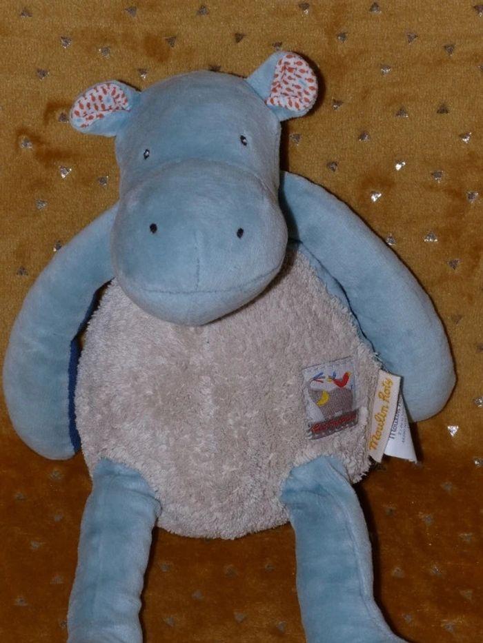 Doudou hippopotame bleu beige papoums Moulin roty 🦛tbe - photo numéro 2