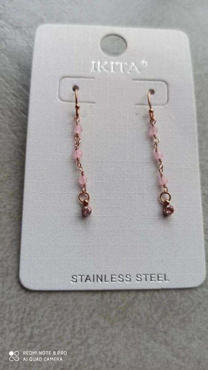 Boucles d'oreilles acier perles rose ikita - Longueur 4 cm - photo numéro 4