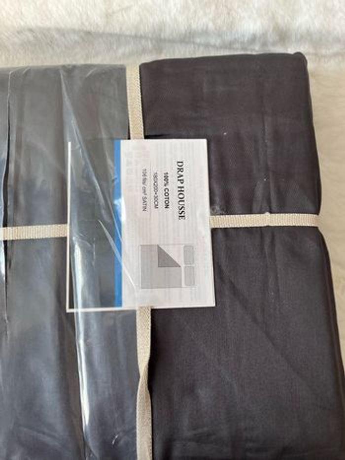 Lot 2 Draps housse gris anthracite 180 x 200 cm 100% coton - photo numéro 3