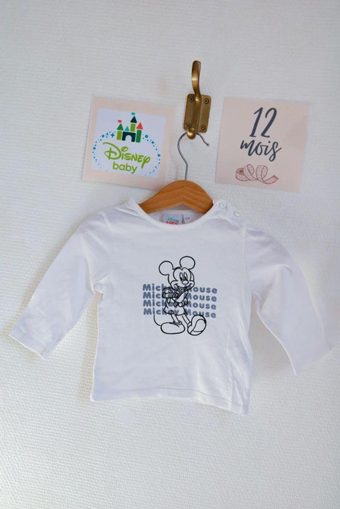 T-shirt blanc manches longues Mickey, Disney, 12 mois - photo numéro 1