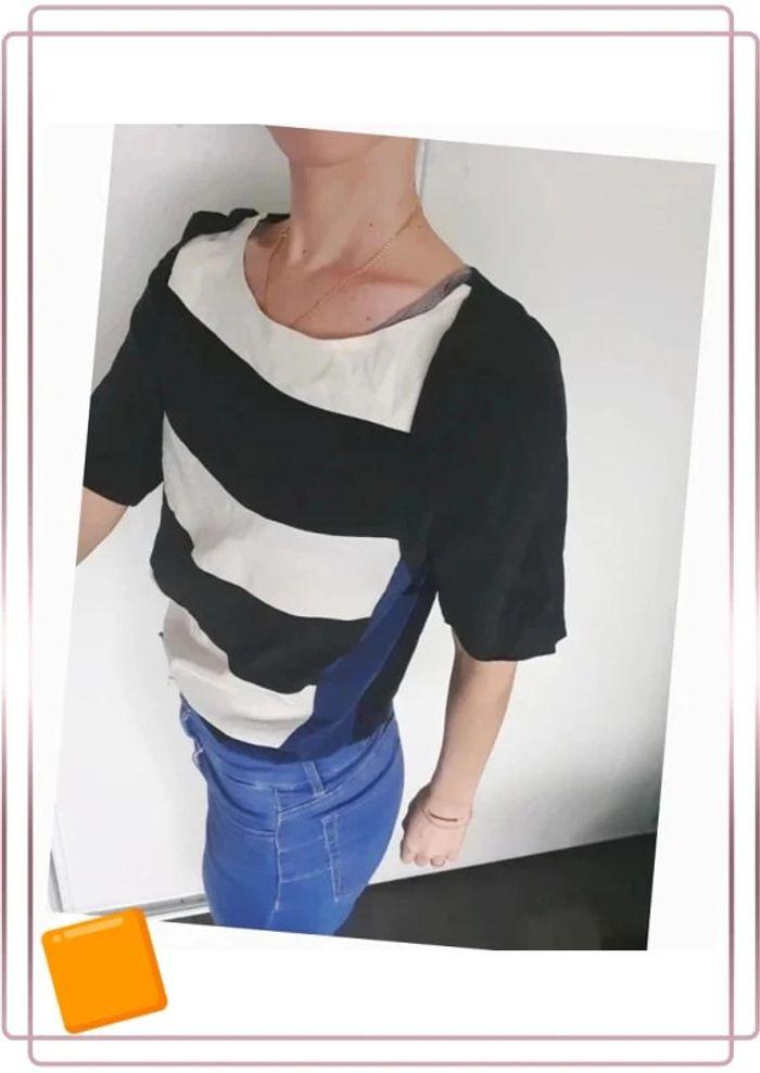 🌻 Blouse Sandro fluide noir bleu blanc taille S 100%soie - photo numéro 13