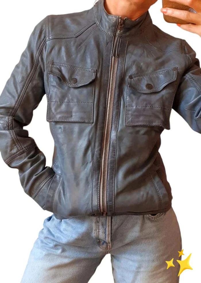 Blouson redskins cuir gris motard neuf - photo numéro 1